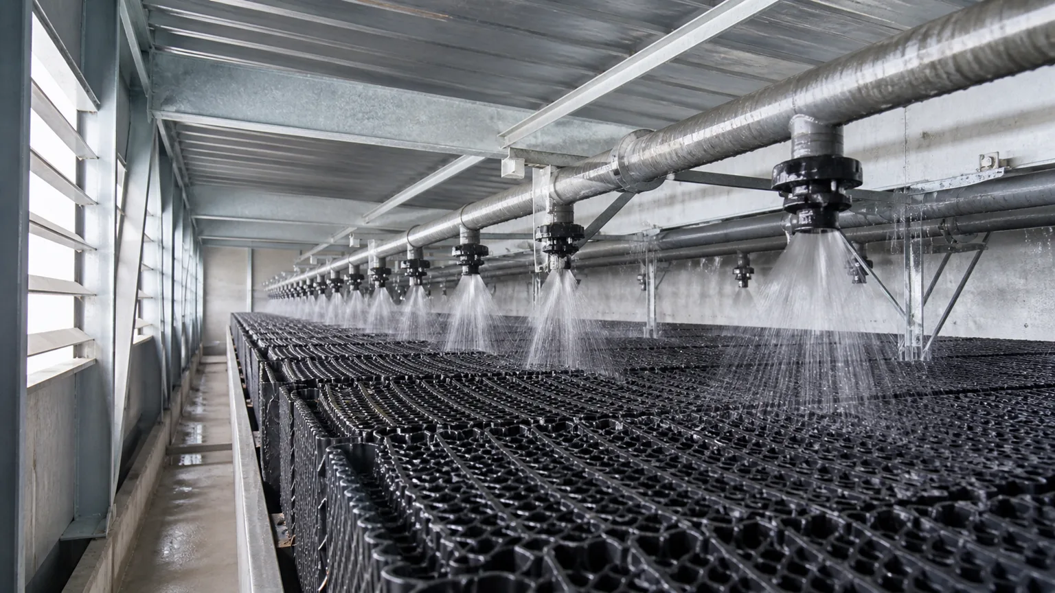 Distribución de agua sobre el relleno de una torre de enfriamiento